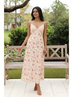Pretty Pixie - Cream Floral Bow Print Lace Bustier Slip Maxi Dress