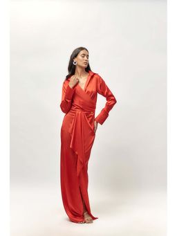 EMBLAZE - Bold Red Satin Draped Shirt Dress