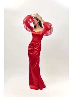 EMBLAZE - Red Satin and Tulle Draped Corset Gown
