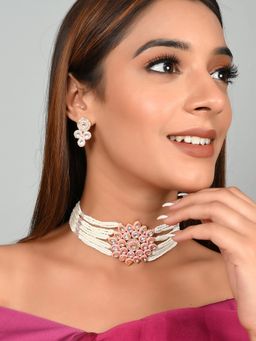 Shoshaa - Gold-Plated Pink and White Kundan and Beaded Choker Set