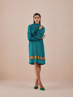 CHANDRIMA - Green Applique And Ruched Dress