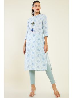 Soch - Women Blue Linen Printed Kurta
