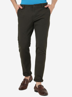 JadeBlue - Mens 100% Cotton Solid Olive Slim Fit Casual Trousers