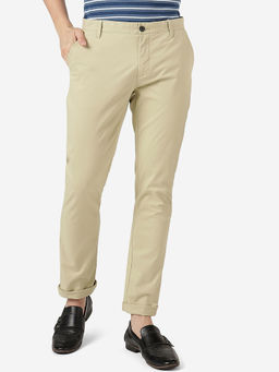 JadeBlue - Mens 100% Cotton Solid Cream Slim Fit Casual Trousers