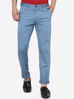 JadeBlue - Mens 100% Cotton Solid Blue Slim Fit Casual Trousers
