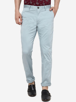 JadeBlue - Mens 100% Cotton Solid Blue Slim Fit Casual Trousers