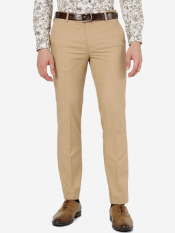 Metal - Mens Terry Rayon Solid Beige Slim Fit Formal Trousers