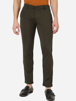 JadeBlue - Mens 100% Cotton Solid Olive Regular Fit Casual Trousers