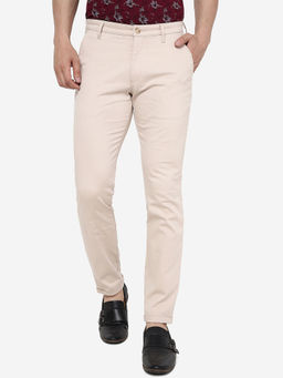 Greenfibre - Mens 100% Cotton Solid Cream Slim Fit Casual Trousers