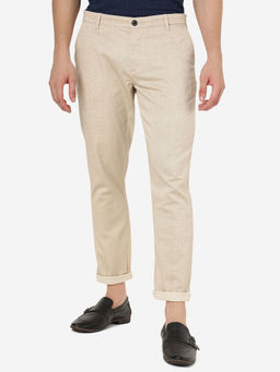 JadeBlue - Mens 100% Cotton Solid Cream Slim Fit Casual Trousers