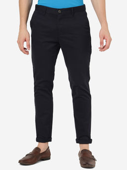 JadeBlue - Mens 100% Cotton Solid Navy Blue Slim Fit Casual Trousers