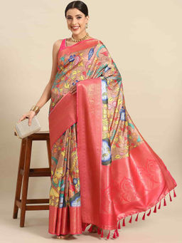 Silk Land - Women Kalamkari Printed Soft Silk Saree with Unstitched Blouse - Brown