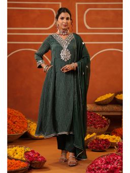 Scakhi - Jade Green Bandhani Embroidered Anarkali Kurta & Pant With Dupatta