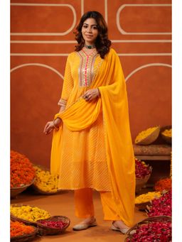 Scakhi - Mustard Lehe Riya Embroidered Anarkali Kurta & Pant With Dupatta