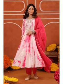 Scakhi - Fuchsia Shibori Chanderi Silk Embroidered Anarkali Kurta & Pant With Dupatta