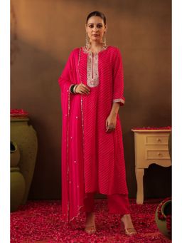 Scakhi - Fuchsia Mothra Georgette Embroidered Anarkali Kurta & Pant With Dupatta