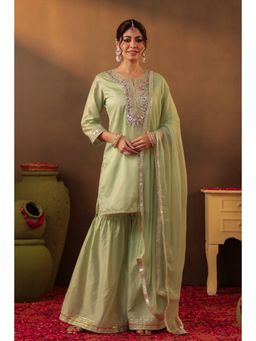 Scakhi - Pista Green Chanderi Silk Gota Work Kurta With Sharara And Dupatta