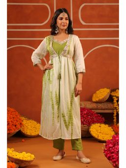 Scakhi - Green Shibori Chanderi Silk Embroidered Inner Top With Pant And Shrug