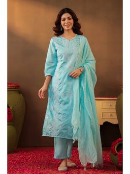 Scakhi - Aqua Chanderi Silk Chikankari Embroidered Straight Kurta With Pant And Dupatta