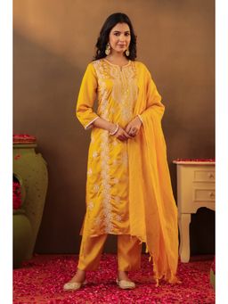Scakhi - Mustard Chanderi Silk Chikankari Embroidered Straight Kurta With Pant And Dupatta