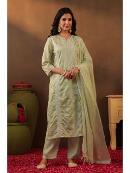 Scakhi - Pista Green Chanderi Silk Chikankari Straight Kurta With Pant And Dupatta