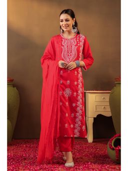 Scakhi - Red Chanderi Silk Chikankari Straight Kurta With Pant And Dupatta