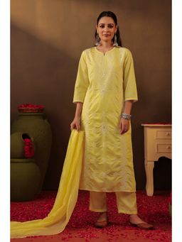 Scakhi - Yellow Chanderi Silk Chikankari Straight Kurta With Pant And Dupatta