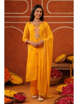 Scakhi - Mustard Mothra Georgette Embroidered Straight Kurta With Pant And Dupatta