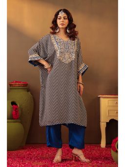 Scakhi - Blue Chevron Printed Blue-Dori Embroidered Crepe Silk Kaftan With Palazzo