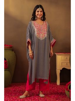 Scakhi - Pink Chevron Printed Blue-Dori Embroidered Crepe Silk Kaftan With Palazzo