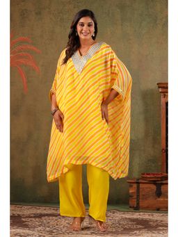 Scakhi - Yellow-Orange Leheriya Organza Silk Mirror-Work Kaftan With Pant
