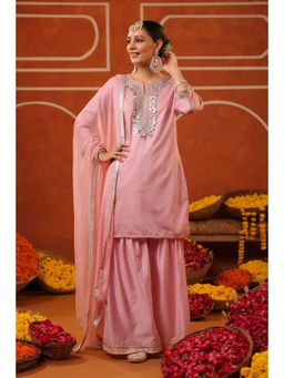 Scakhi - Pink Chanderi Silk Gota Work Kurta with Sharara & Dupatta