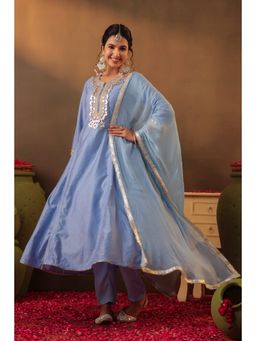 Scakhi - Powder Blue Chanderi Silk Gota Work Anarkali Kurta with Pant & Dupatta