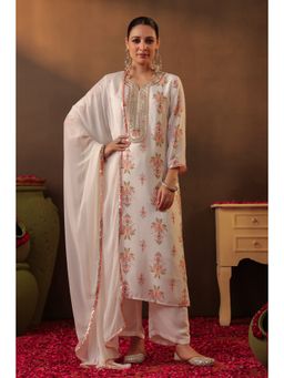 Scakhi - White Floral Chanderi Silk Kurta with Palazzo & Dupatta