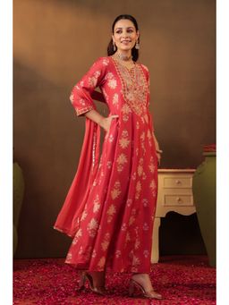 Scakhi - Magenta Floral Embroidered Anarkali Kurta with Pant & Dupatta