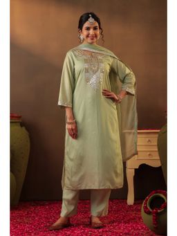 Scakhi - Pista Green Chanderi Silk Gota Work Straight Kurta with Pant & Dupatta