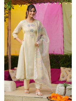 Scakhi - Women Ivory Embroidered Anarkali Kurta with Salwar and Dupatta