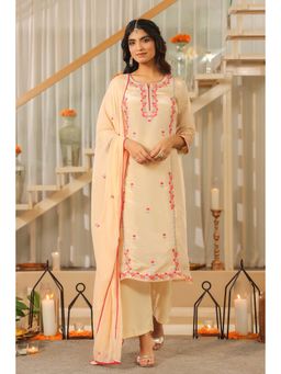 Scakhi - Women Beige Embroidered Kurta with Pant and Dupatta
