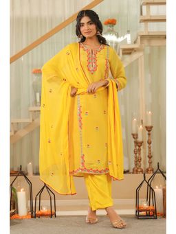 Scakhi - Women Yellow Embroidered Kurta with Pant and Dupatta