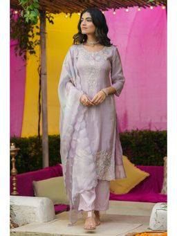 Scakhi - Women Lavender Embroidered Kurta with Pant and Dupatta