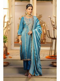 Scakhi - Women Teal Embroidered Kurta with Pant and Dupatta