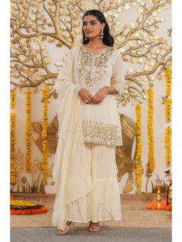 Scakhi - Women Ivory Embellished Kurta with Sharara and Dupatta