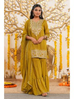 Scakhi - Women Olive Embellished Kurta with Sharara and Dupatta