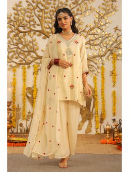 Scakhi - Women Ivory Embroidered Kurta with Sharara and Dupatta