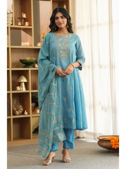 Scakhi - Women Blue Embroidered Anarkali Kurta with Pant and Dupatta