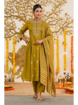 Scakhi - Women Olive Embroidered Anarkali Kurta with Pant and Dupatta