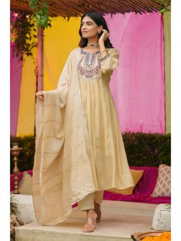 Scakhi - Women Beige Embroidered Anarkali Kurta with Pant and Dupatta