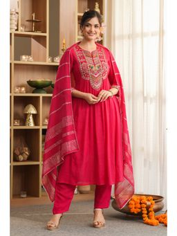 Scakhi - Women Red Embroidered Anarkali Kurta with Pant and Dupatta