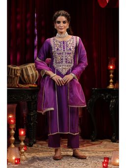 Scakhi - Purple Dupion Silk Gota-Dori Embroidered Kurta with Pant and Dupatta