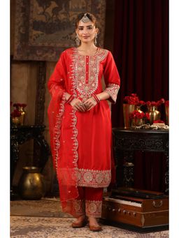 Scakhi - Red Chanderi Silk Dori-Sequin Embroidered Kurta with Pant and Dupatta